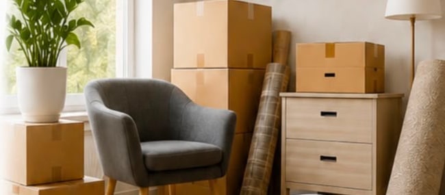 Aufgeräumter Wohnraum mit Sessel, Kommode und gepackten Umzugskartons