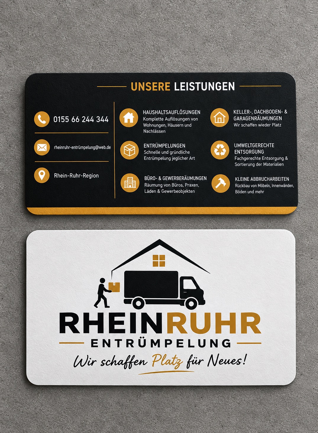 Visitenkarten von Rhein Ruhr Entrümpelung: Vorderseite mit Logo und Slogan „Wir schaffen Platz für Neues!“, Rückseite mit den Leistungen